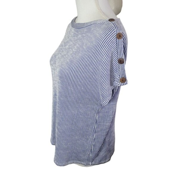 W5 Blouse Button Short Sleeve Striped Vertical Blue White Womens Medium - Picture 4 of 13